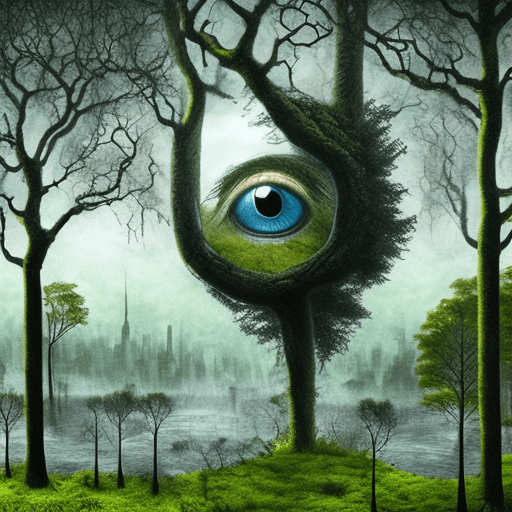 AI generated: a very large eye in the trees with trees around, in the style of surrealistic horror painter, surrea...