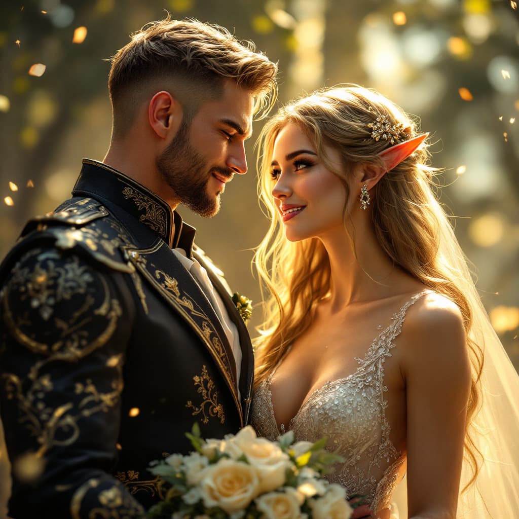 AI generated: A moment of pure love and happiness unfolds as the hero and the semi-elf woman are united in marriag...