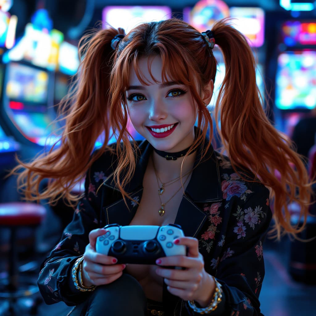 AI generated: girl, happy twin tails, beautiful auburn color hair, lush, bohemian hair, realistic, holding ps5 gam...