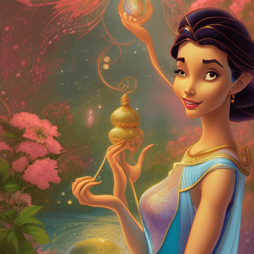 AI generated: Beautiful Disney Princess Jasmine with hijab, magical, celestial, vivid color palette, illustration,...