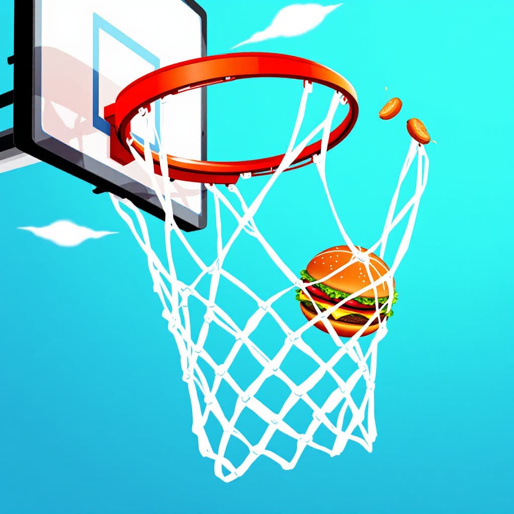 AI generated: "Slam Dunk & Snack Time" – A basketball dunk where the ball is a giant burger.