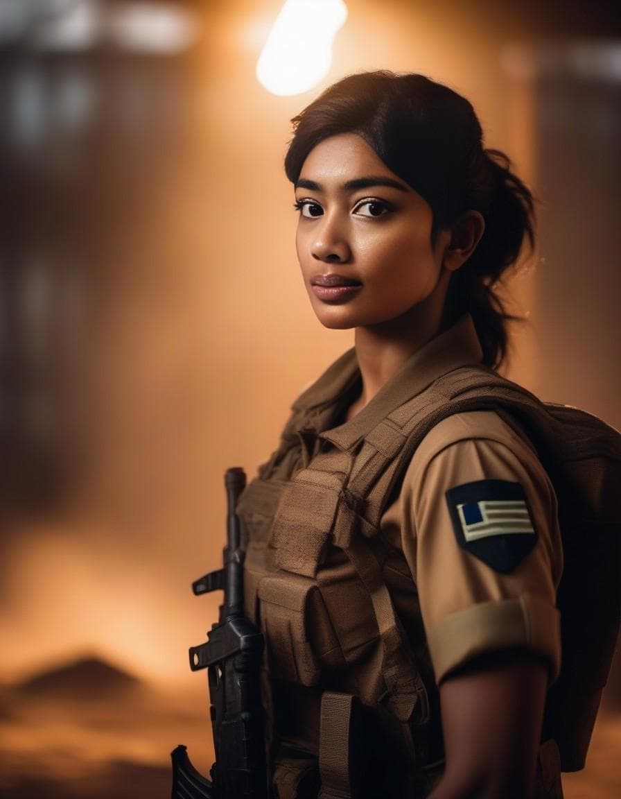 AI generated: Photo of a female soldier in post-apocalyptic setting, dystopian era, cinematic shot, dramatic light...
