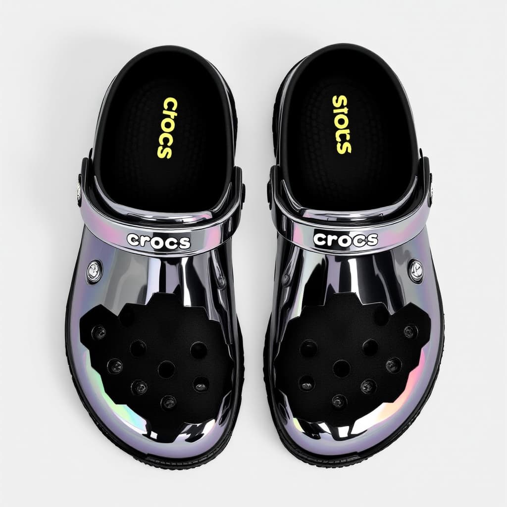 AI generated: an image about crocs, the shoes, following a y2k style and chrome style.
