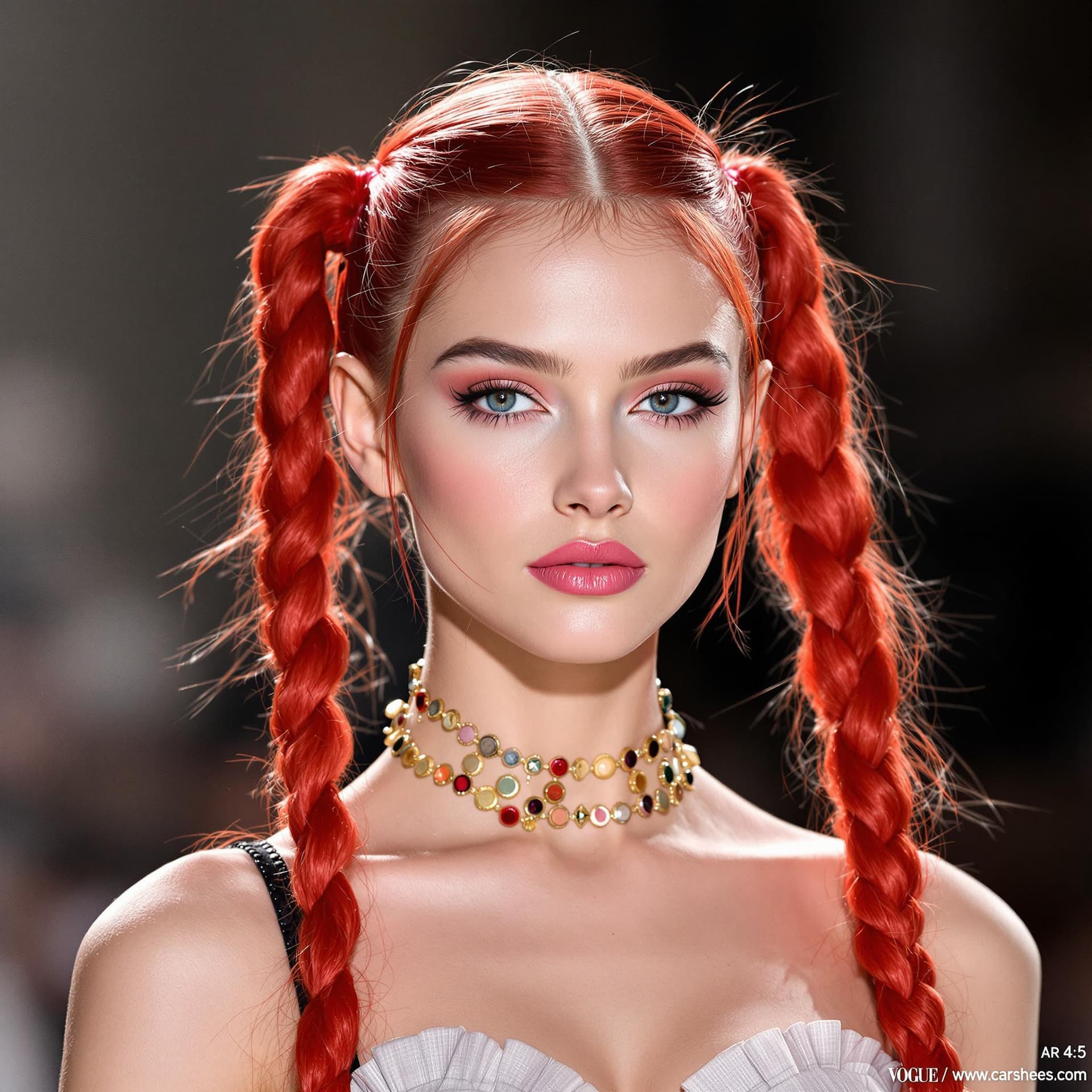 AI generated: Vogue runway model with long red pigtails in candycore hair style, pale skin and light pink lips --v...