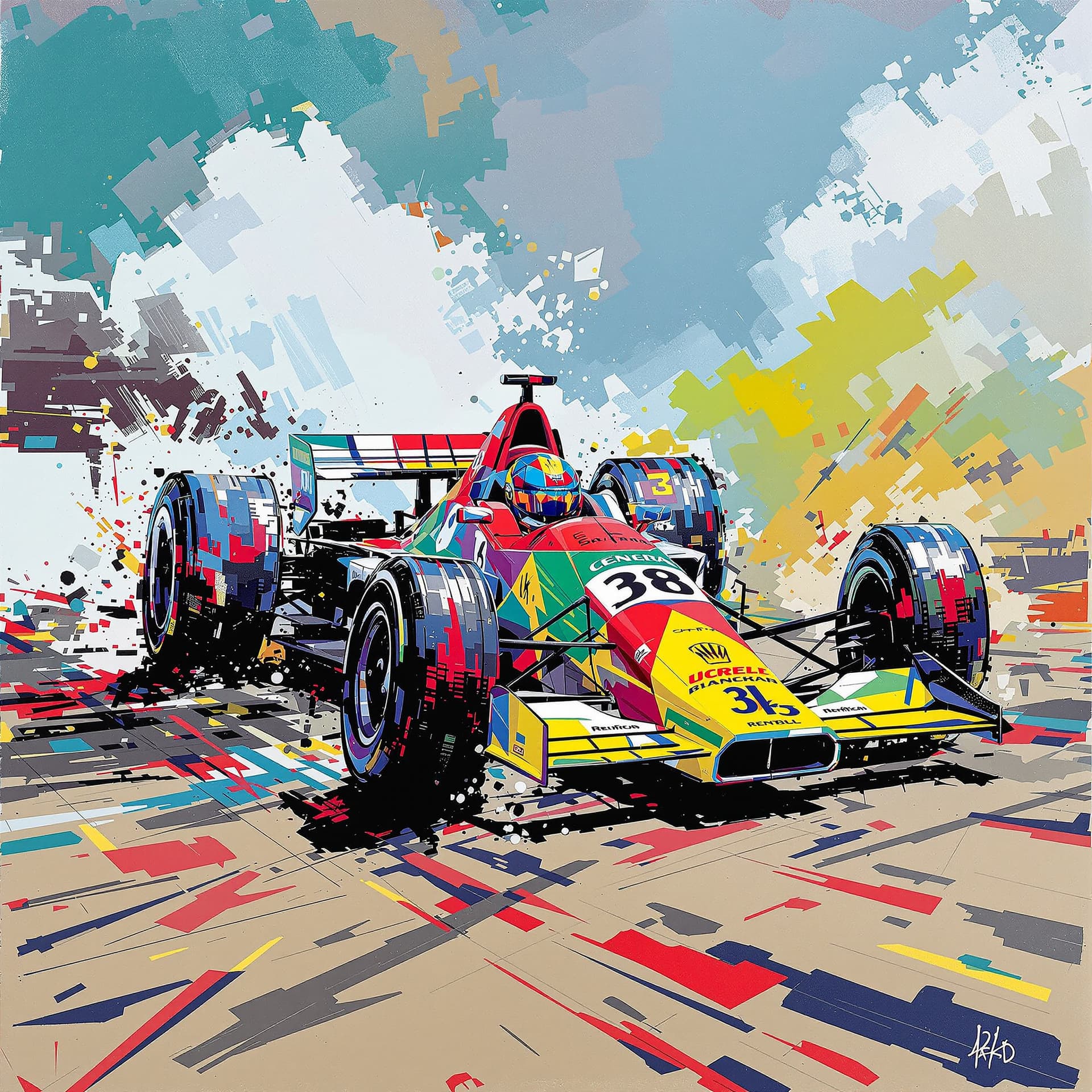 AI generated: Multicolored race car, in the style of sam spratt, historical illustrations, old masters, genndy tar...
