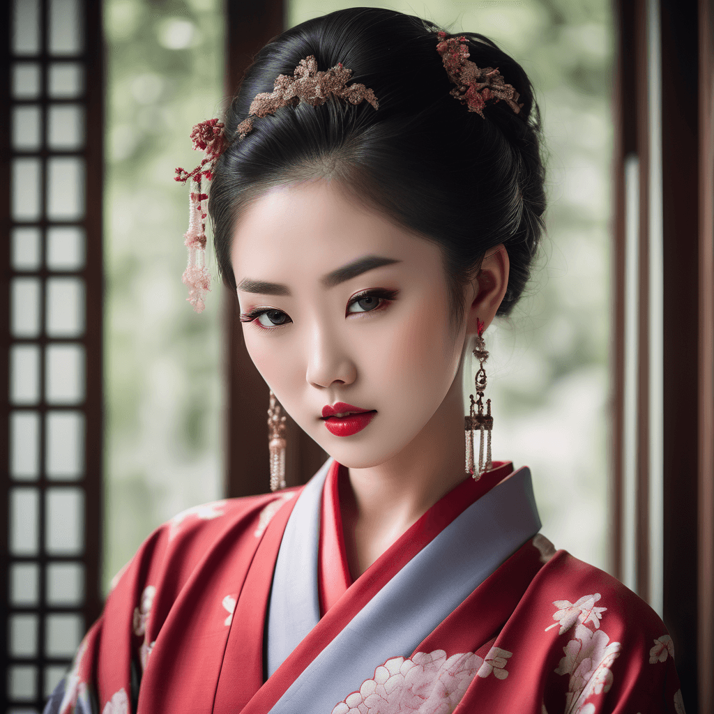 AI generated: Beautiful Asian woman, porcelain skin, flawless and radiant, ethereal beauty, monolid eyes dark and ...