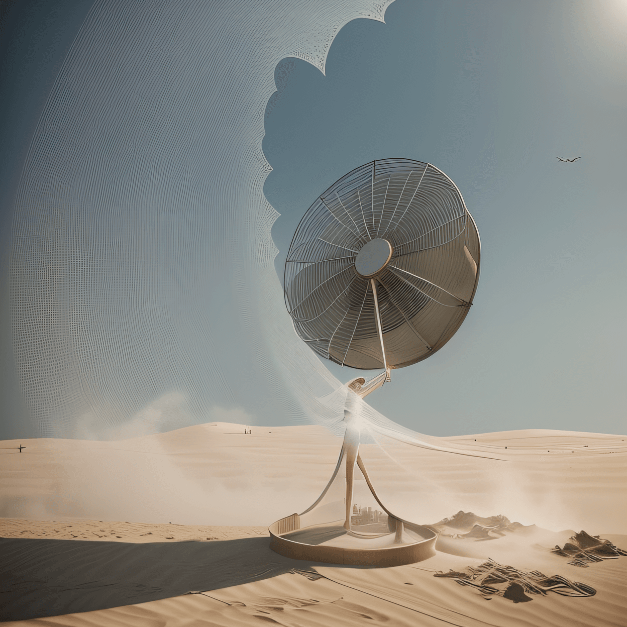 AI generated: there is a fan that is blowing sand in the air, dust swirling, a still of an ethereal, wind and dust...