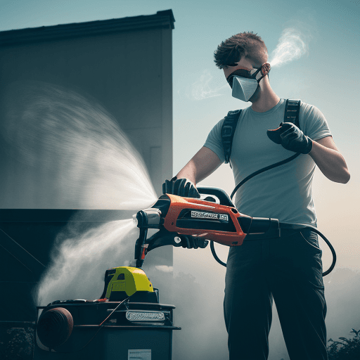 AI generated: When using a two-stroke petrol fuel leaf blower, it is recommended to wear a mask to avoid inhaling ...