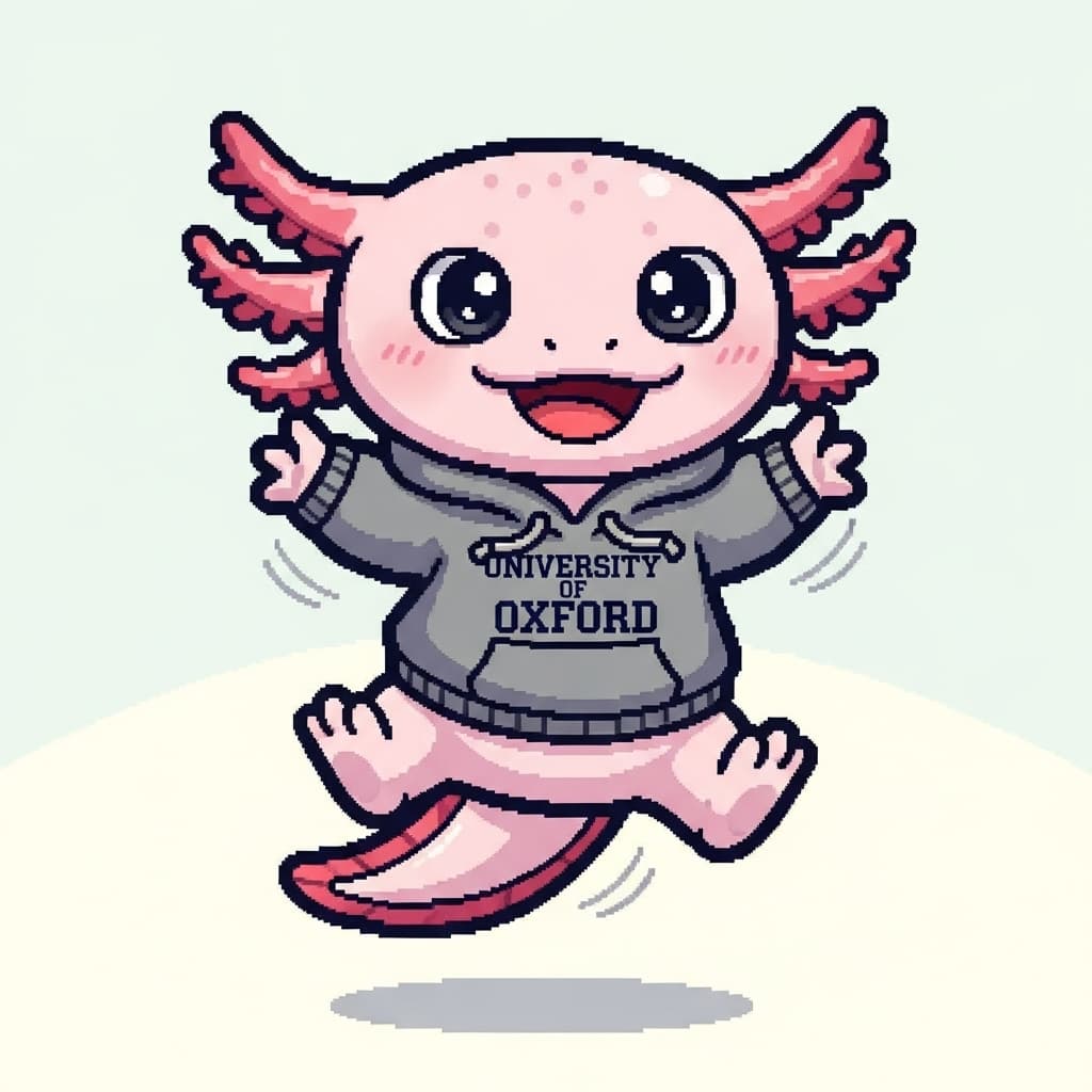 AI generated: A cute 2d sprite Axolotl wearing a hoodie from the University of Oxford, which is excitedly jumping ...