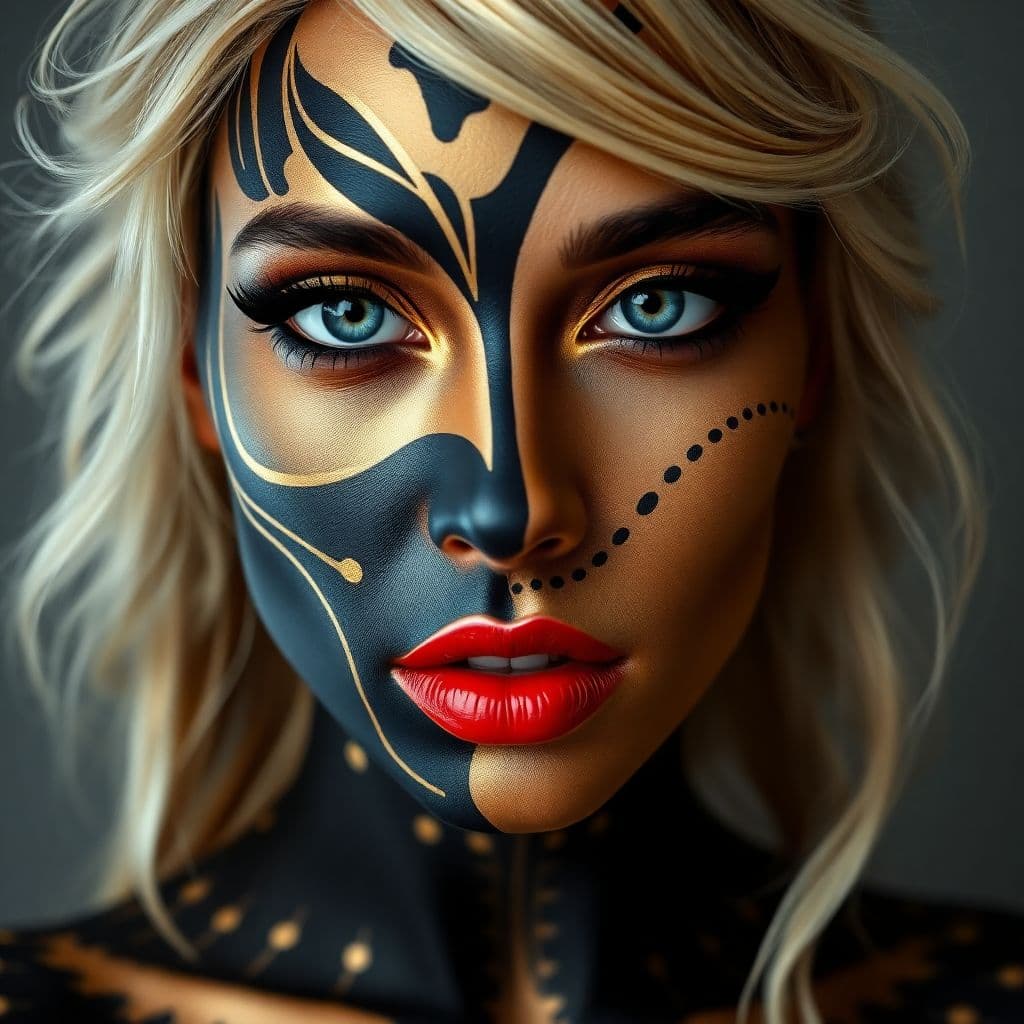 AI generated: An image of a woman with a hyperrealistic style, showcasing an elaborate body paint design. The skin...