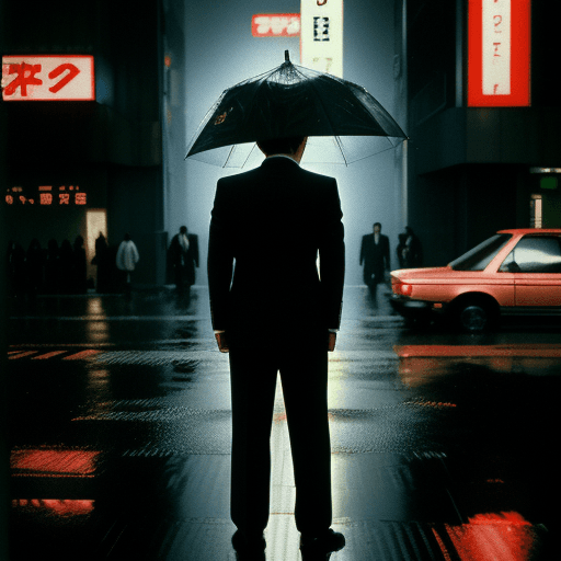 AI generated: 35mm shot of a man standing in front of a building next to a car, Shibuya, Tokyo, Japan, dreary, yak...