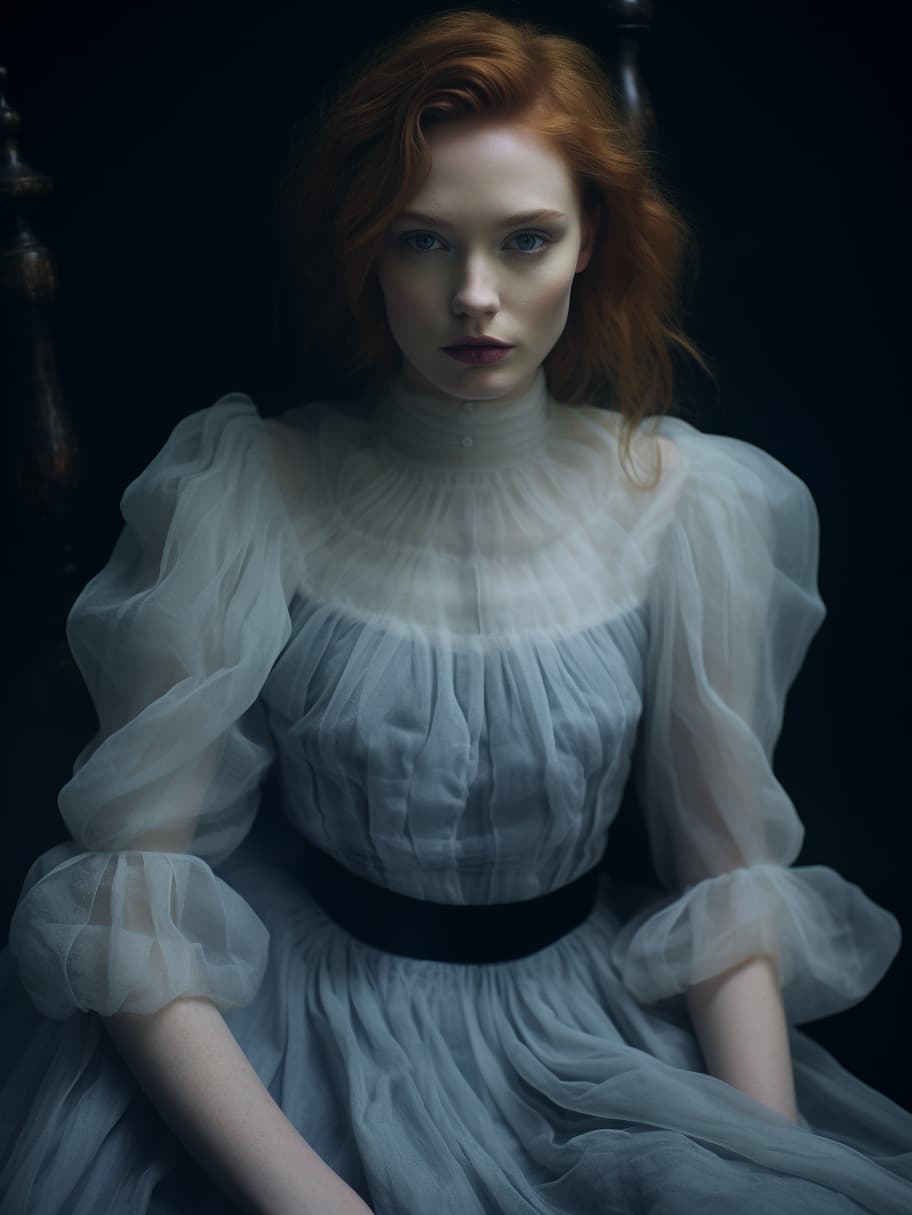 AI generated: a woman sitting in a chair , matt wisniewski style, ruched bodice, inspired by Louise Abbéma, dramat...