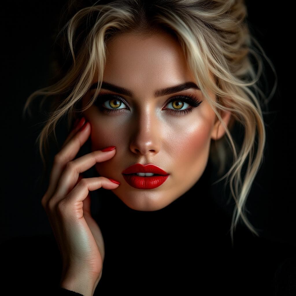 AI generated: A cinematic close-up portrait of a striking woman in a sleek black turtleneck, her face softly illum...