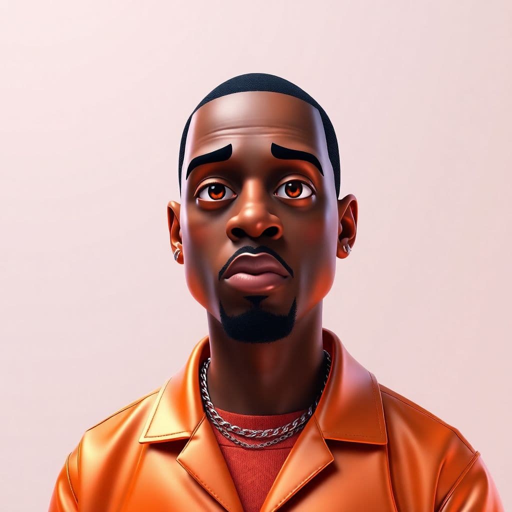 AI generated: 3D cartoon of Jay-Z, Wearing Iridescent Orange Prison Jumpsuit, Boss Feel, WitchPunk, Y2K Style, Str...