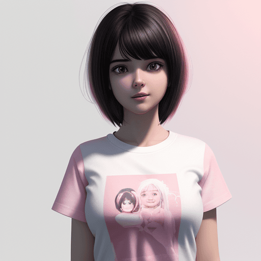 AI generated: high detail, octane render, a girl with happy, wearing t-shirt with white pink color, black hair, hi...