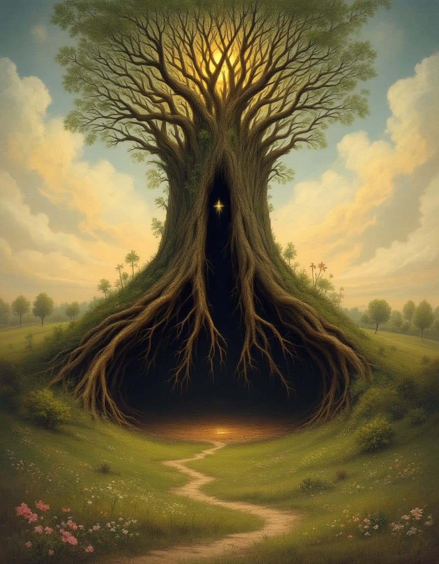 AI generated: A  painting inspired by Bosch of a meadow where a tower has been built out of tree-limbs the roots o...