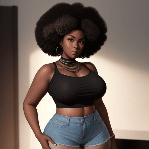 AI generated: An image of a dark skin woman with voluminous afro hair and a big booty, standing confidently and. S...