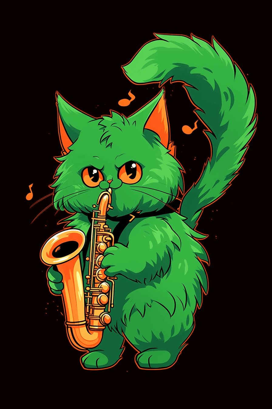 AI generated: Playful and mischievous emerald green cat playing a saxophone, with a fluffy tail and piercing eyes,...