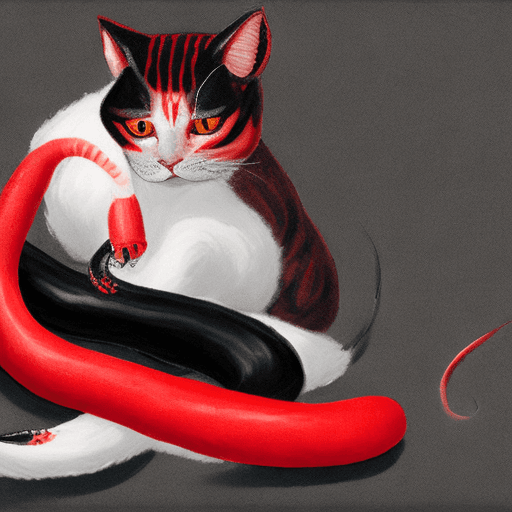 AI generated: A red cat biting a black snake. 