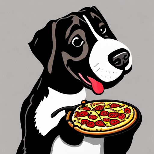 AI generated: generate a black and white dog eating a pizza, vector style, lines, no solid colours