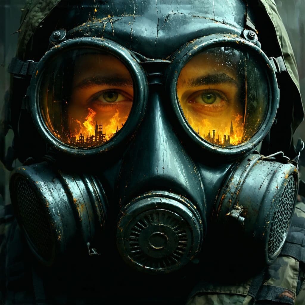 AI generated: A close-up shot of a Chernobyl liquidator's gas mask, filling the frame with gritty, realistic detai...