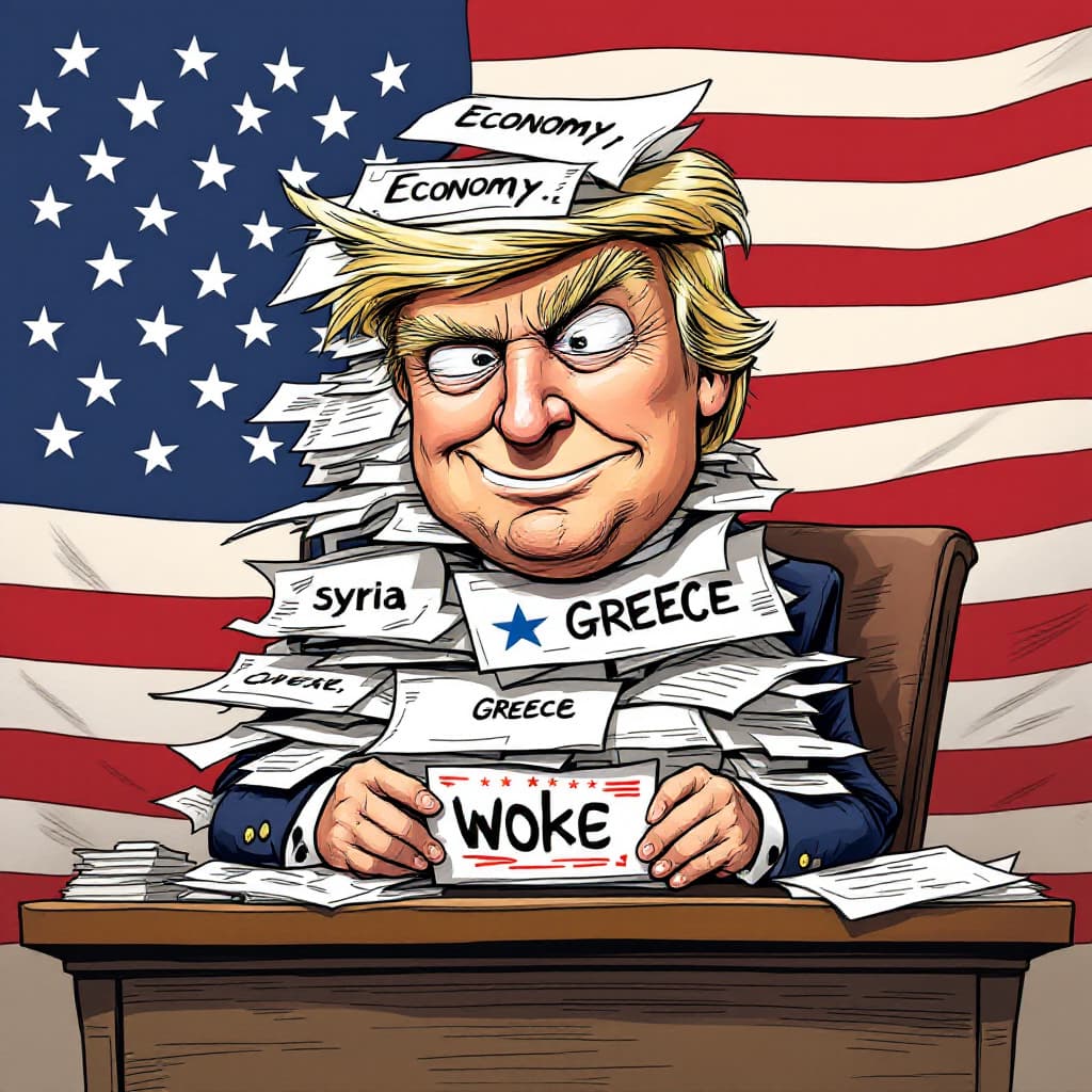 AI generated: A satirical caricature of Donald Trump, with an oversized head and tiny body, sitting at a desk pile...