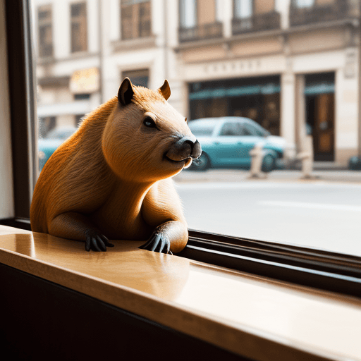 AI generated: Capybara in a cafe sipping on some coffee staring out the window