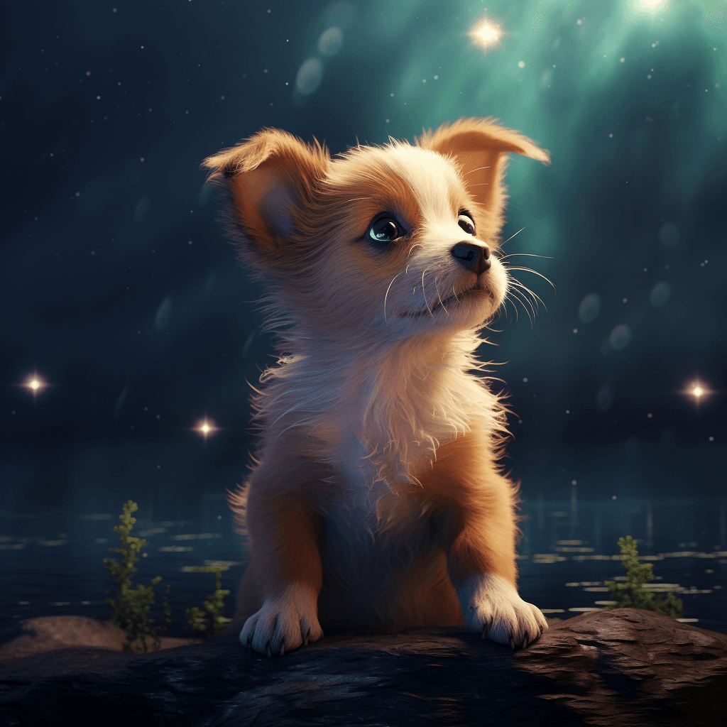 AI generated: a little puppy looking up at the stars and magic, in the style of enchanting realms, 8k resolution, ...