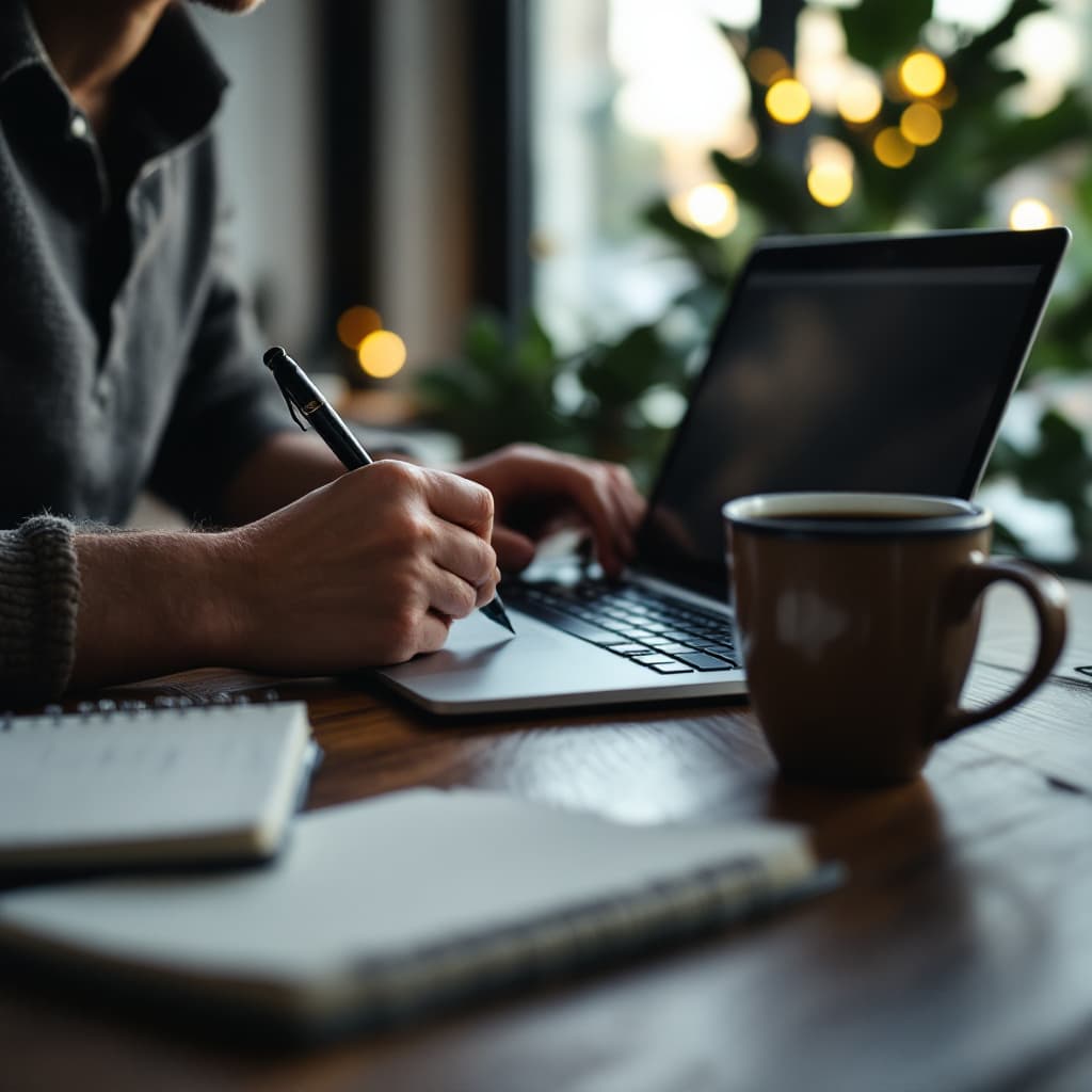 AI generated: A cozy image of a person writing on a laptop at a desk, with a cup of coffee and a notebook nearby.
...