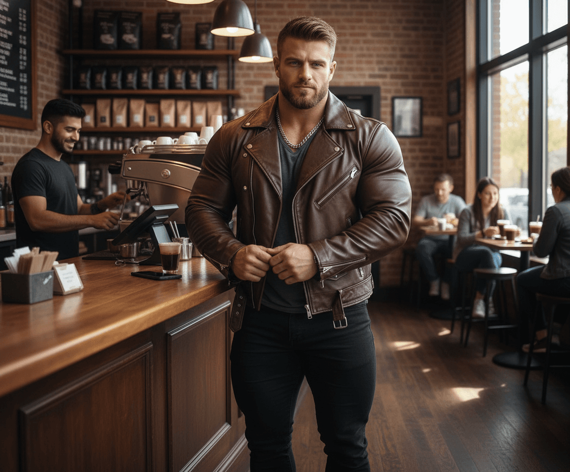 AI generated: Bodybuilder at a coffee shop wearing a leather jacket and black jeans bigger shoulders and legs orde...