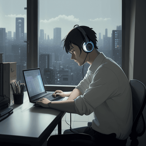 AI generated: 
high definition anime portrait of a developer man sitting at a desk writing code in a laptop, with ...