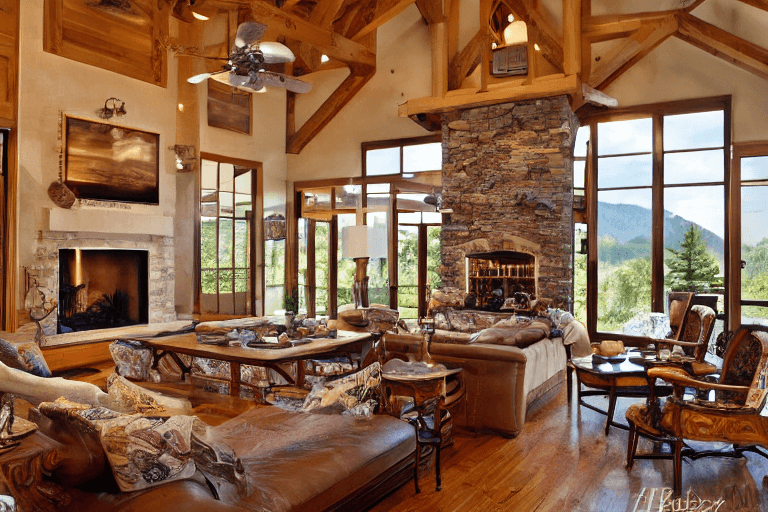 AI generated: interior design, open floor plan, sliding doors open to big deck with mountain view, big comfortable...