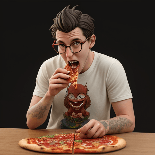 AI generated: character design, illustration style, a gargoyle, eating peperoni pizza, with round glasses, nerdy l...