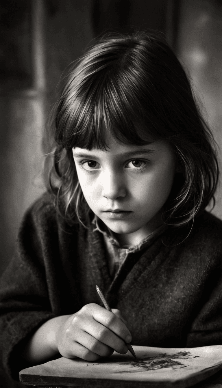AI generated: black and white photography in style by Bruce Davidson, young drawing girl sadly looks on camera, hi...