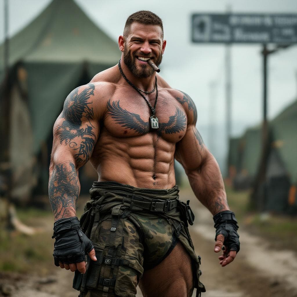 AI generated: Chris Redfield, Full body image, looking at us, shirtless, muscular abs, lots of tattoos, eagle ches...