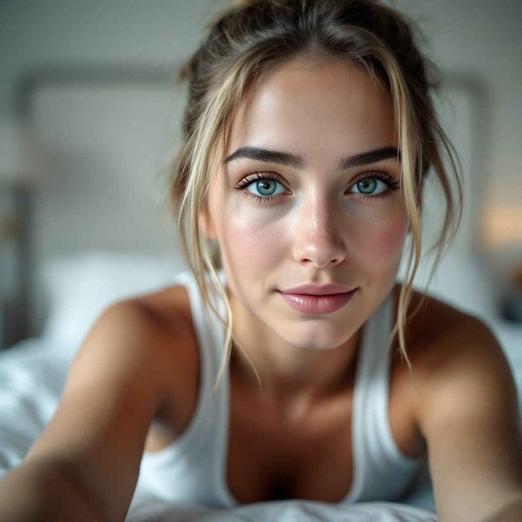 AI generated: Photo of iphone camera captured a selfie of person, poor quality, faded light room, young women, blo...
