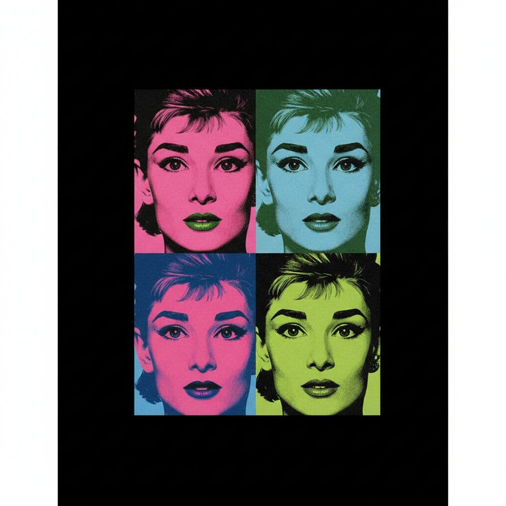 AI generated: Audrey Hepburn, in the style of Andy Warhol, simple background, pink, green, blue, and black colors ...