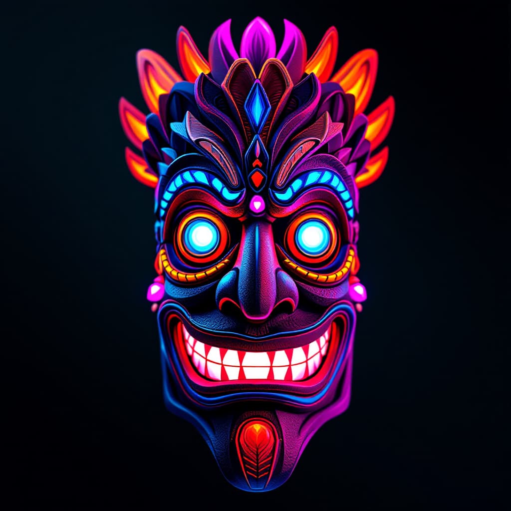AI generated: colourful tiki mask 3/4 view turn, cinematic lighting
