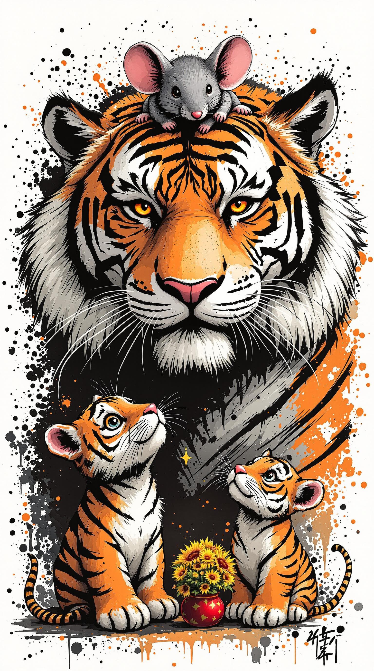 AI generated: a tiger and two tiger cubs, and a oversized mouse with splattered ink dots,with a mouse on the big t...