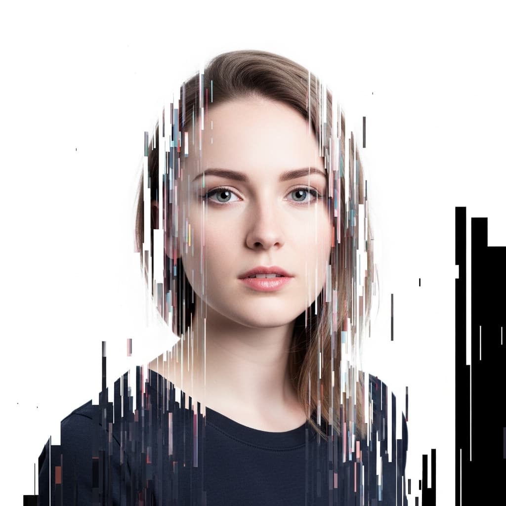 AI generated: glitch art portrait, single woman with clearly defined edges, gaze, pure white background, clean min...