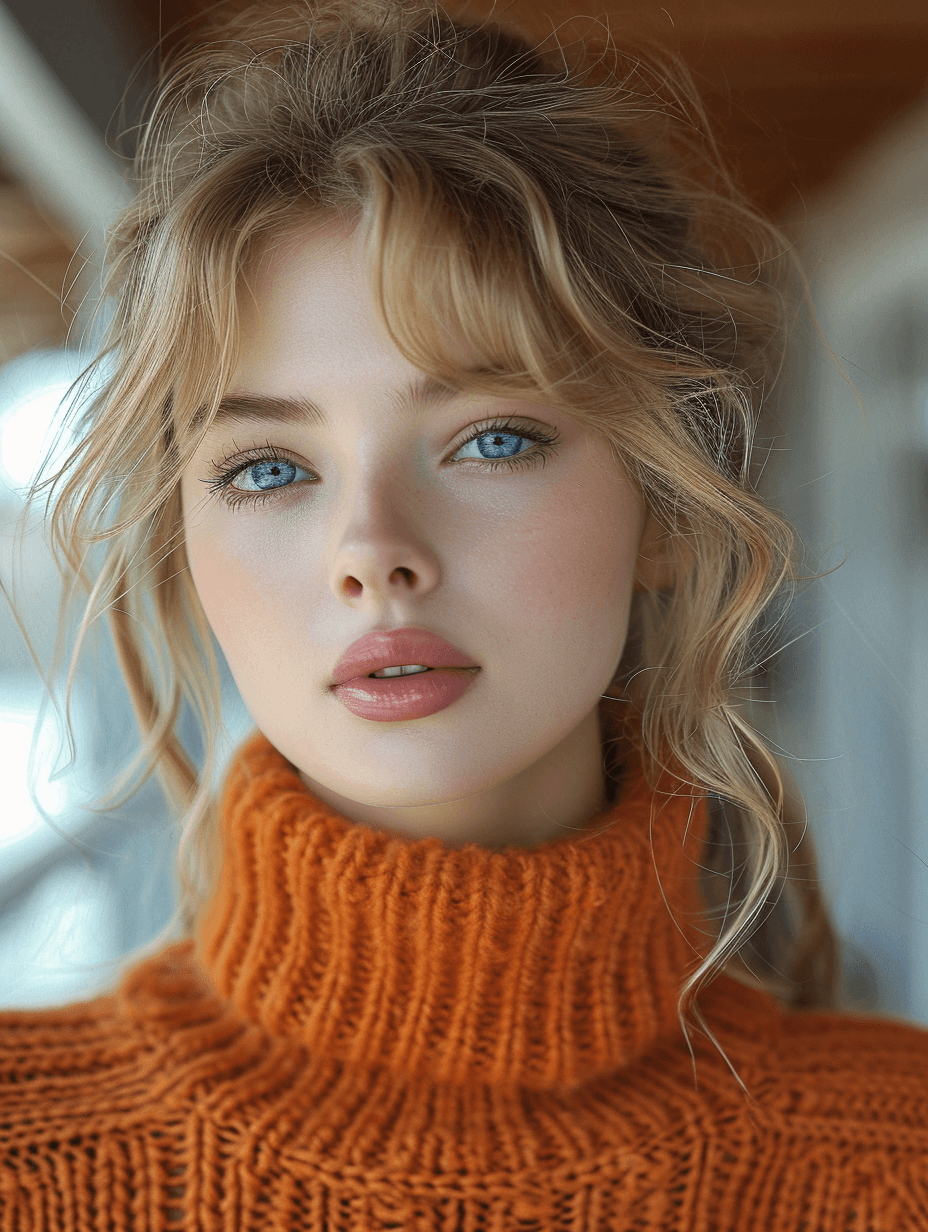 AI generated: a beautiful blonde woman posing with blue eyes, in the style of light maroon and light emerald, pop ...