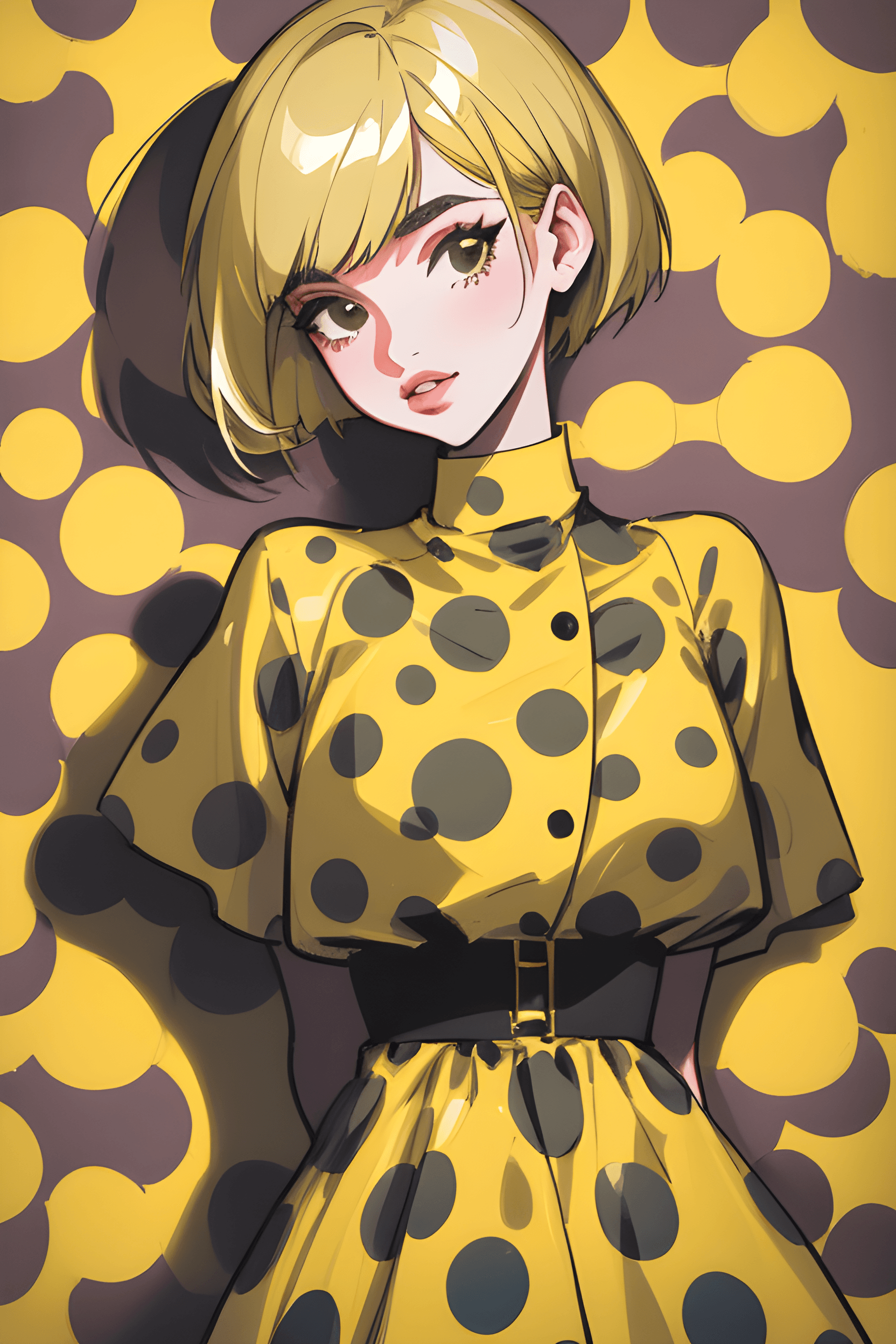 AI generated: A medium-full shot of blonde bob hair cut Dua lipa, polka dot dress 