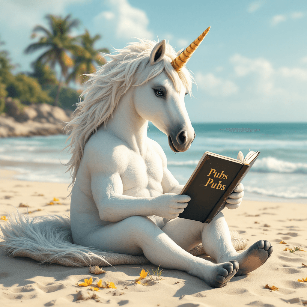 AI generated: A white unicorn seated near the beach reading a book about pubs