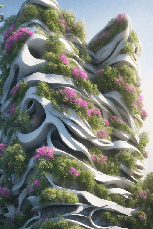 AI generated: A aerial 3D rendering 2D elevation of a mid rise building inspired on the rose flower layers, Zaha H...
