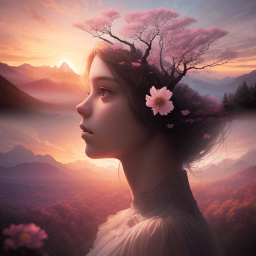 AI generated: Double Exposure Human girl-Nature, trees, flowers, mountain, sunset, nature mind, expressive creativ...
