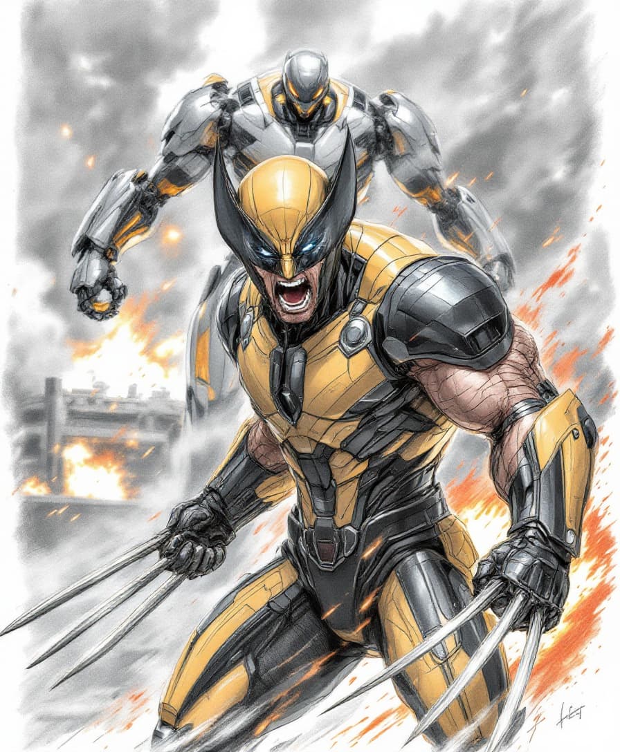AI generated: Very detailed colored pencil sketch. Full body shot of Wolverine with sharp claws and modern partial...