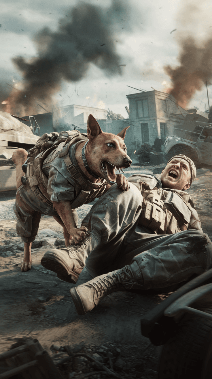 AI generated: a stray dog in army gear bites a soldier's leg, the soldier screams, the atmosphere of the battlefie...