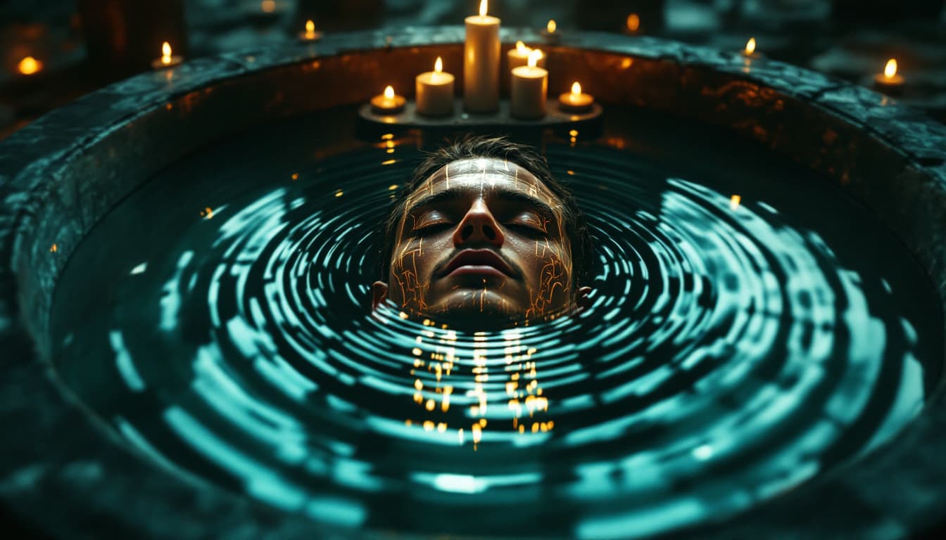 AI generated: High Angle – Looking Up from the Reflection in a Sacred Water Basin (High Angle, Abstract Depth of F...
