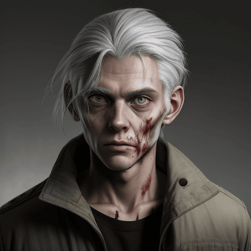 AI generated: 
A young man with gray hair wearing clothes from the zombie apocalypse. Looks into the distance. Por...