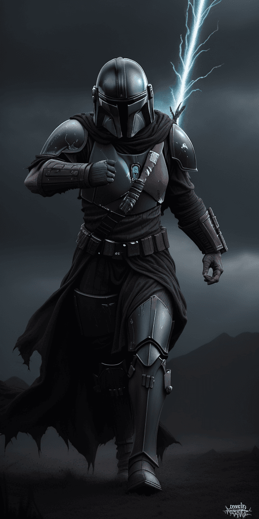 AI generated: (evil, never seen before, Mandalorian, Beskar Spear, dark atmosphere, sinister, terrifying, glowing ...